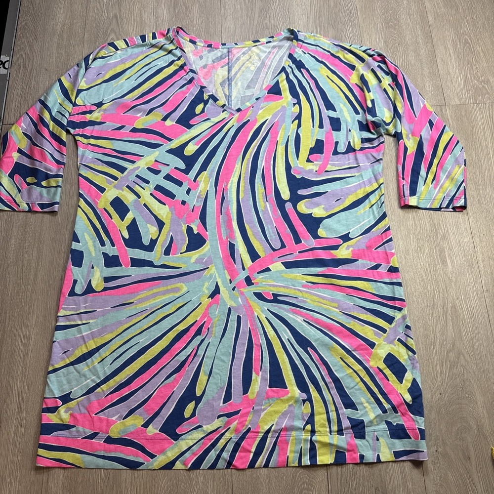 LILLY PULITZER Coral Floral Dress XL Women's Vibrant V Neck 3/4 Sleeve Cotton EC